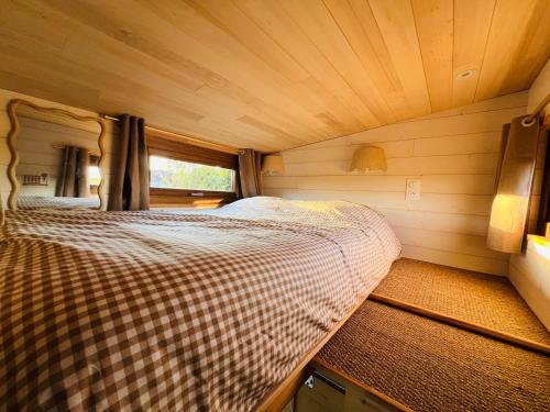 a large bed in a small room in a cabin at Tiny House chez Annette in Darvoy