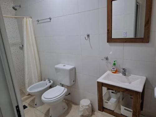 a bathroom with a toilet and a sink and a mirror at Nuevo Departamento Moderno Charata in Charata