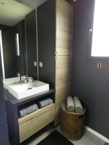 a bathroom with a sink and a mirror and towels at Chalet moderne, Jacuzzi & Cinéma in Saint-Coulitz