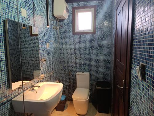 贝拉HOTEiL MONTE VILLAGE的配有水槽和马桶的蓝色瓷砖浴室