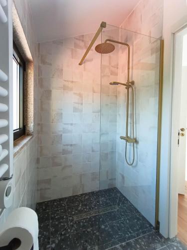 a bathroom with a shower with a glass door at Casa do Velho Vinhateiro in Gagos