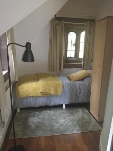 a bedroom with a bed and a lamp and a window at Quirky, romantic cottage with garden in Wye Valley in Ross on Wye