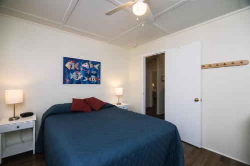 a bedroom with a blue bed and a ceiling fan at Rich Tymes in Edisto Island
