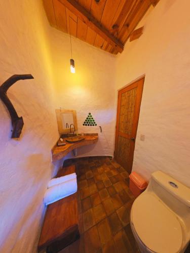 a bathroom with a toilet and a sink in a room at Cabañas el Nido de la Huilota in Tepoztlán