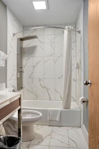 a bathroom with a shower and a toilet and a sink at Days Inn by Wyndham Omaha NE in Boys Town