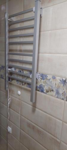 a shower with a glass door and a wall with flowers at Apartmani Borova Iglica Divčibare in Divčibare