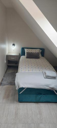 a bedroom with a bed with a blue bed frame at Apartmani Borova Iglica Divčibare in Divčibare