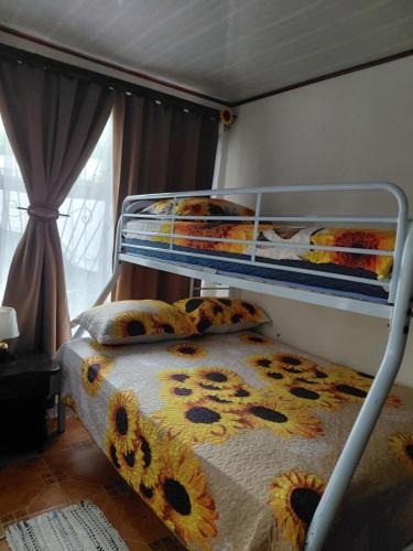 1 dormitorio con 2 literas y 1 cama de flores en Casa Sunflower, en Puerto Jiménez