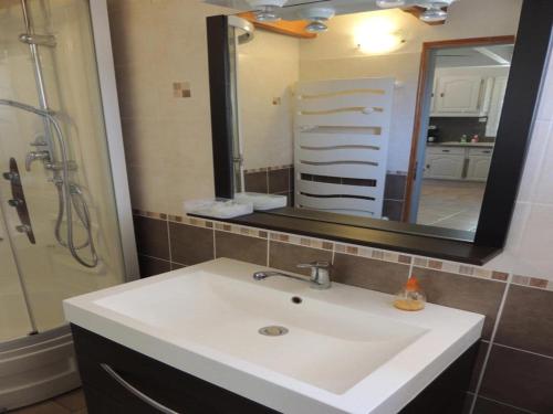 a bathroom with a sink and a shower and a mirror at Authentic Holiday Home with Charm in Marcoux