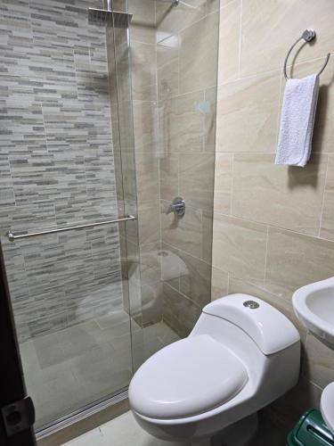 ein Badezimmer mit Toilette und Glasdusche in der Unterkunft Posada Los Geranios in Duitama