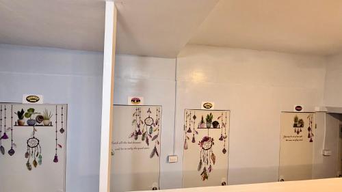 a room with three displays of plants on the wall at Nowhere Siqujor Hostel in San Juan