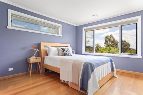 a bedroom with blue walls and a bed with a window at Bonnie Belle, Norwood in Kings Meadows