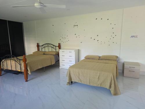 a bedroom with two beds and a wall with butterflies at Beach Suburb Getaway in Grange
