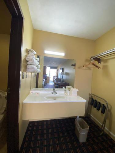 a bathroom with a sink and a mirror at Innkeeper Motel Hamel in Hamel