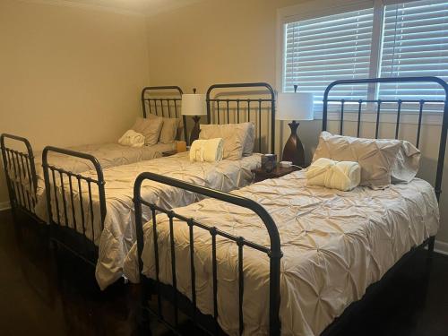 two twin beds in a bedroom with a window at Experience Serenity with Family and Friends in Macon