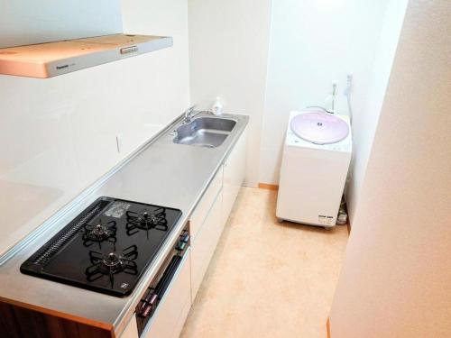 a kitchen with a sink and a stove top oven at ゲストハウスあじす201 in Yamaguchi