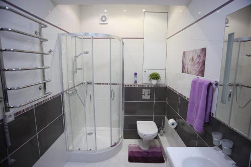 a bathroom with a shower and a toilet and a sink at Golfstrim in Odesa