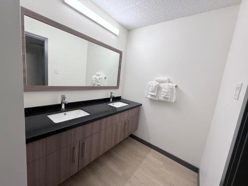 大草原城Westport Inn的带水槽和大镜子的浴室