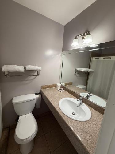 a bathroom with a toilet and a sink and a mirror at Vegas motel in West Athens