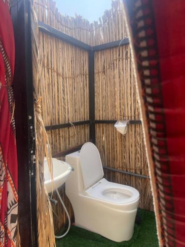a small bathroom with a toilet and a sink at Mirage Desert Camp in Al Raka
