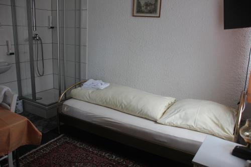 a bed in a bathroom with a shower at Airport-Hotel zum Taubengrund in Kelsterbach