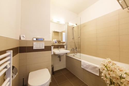 a bathroom with a toilet and a sink and a tub at Hotel FIS Jasná in Demanovska Dolina