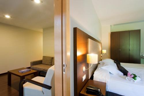 a hotel room with a bed and a desk and a chair at Balneario Elgorriaga in Elgorriaga