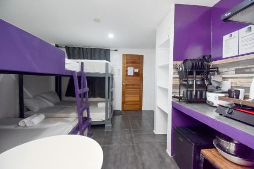 um quarto com beliches com paredes roxas em BABOSAM Hotel em Boracay