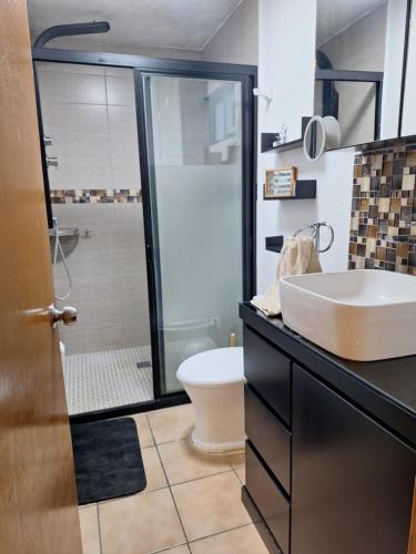 a bathroom with a sink and a toilet and a shower at Casa Ana Victoria in Morelia
