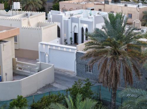 a palm tree in the middle of a city at Lateen Chalet - شاليه لتين in Nizwa