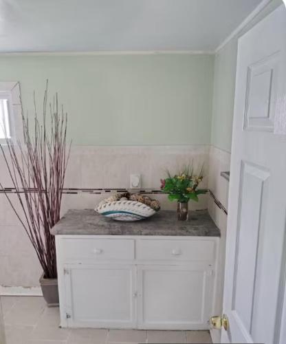 a white cabinet with a vase on top of it at Private Room - Shared Bathroom in Perth Amboy