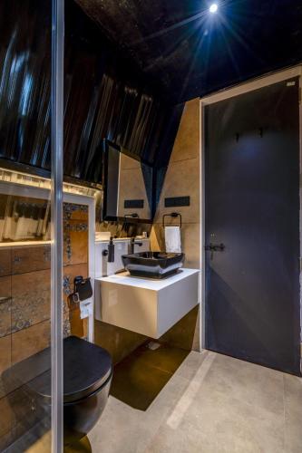 a bathroom with a toilet and a sink at Dio Regaalo Theme Resort, Ratnagiri in Ratnagiri