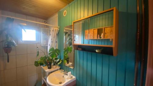 a green bathroom with a sink and a mirror at Romantic Retreat Close To The Beach in Fårevejle