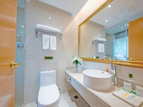 中山市にあるVienna Hotel Guangdong Zhongshan Ancient Town Haizhouの洗面台、トイレ、鏡のあるバスルーム