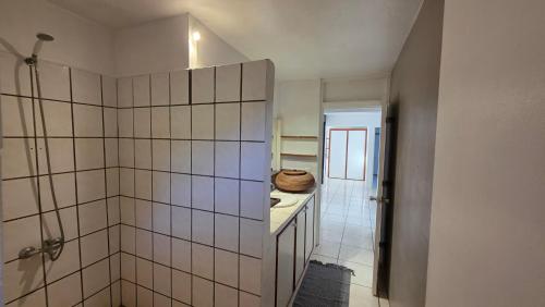 a bathroom with a walk in shower and a sink at La Maison Plage et Sunset in Paeau