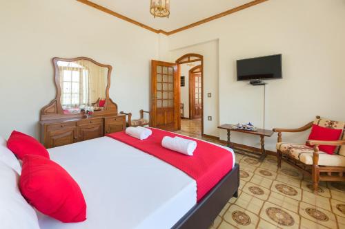 a bedroom with a large bed with red pillows at Villa Agia Galini in Archangelos