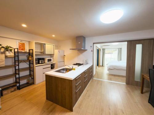 a kitchen with a sink and a room with a bed at 位于新桥的2卧室公寓 in Tokyo