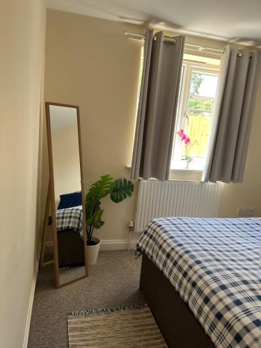 a bedroom with a bed and a mirror and a window at Cosy 1 bedroom flat Oxford in Oxford