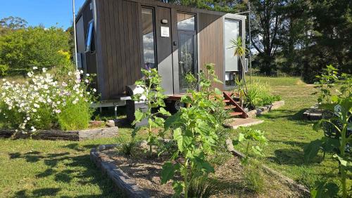a tiny house in a garden with plants at Kanimbla Sunsets by Tiny Away in Kanimbla