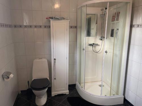 a bathroom with a toilet and a glass shower at 8 person holiday home in hauglandshella 