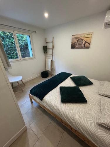 a bedroom with a large bed with two pillows on it at Two rooms with 30 m2 garden in villa in Cagnes-sur-Mer