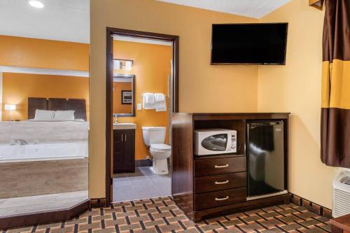 a hotel room with a bathroom with a toilet and a television at Quality Inn Grand Rapids Near Downtown in Grand Rapids