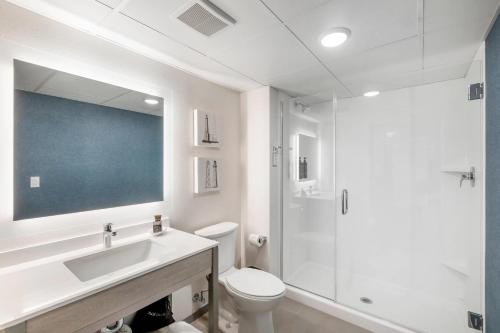 a bathroom with a sink and a toilet and a shower at The Harborview on Lake Michigan, Ascend Hotel Collection in Port Washington