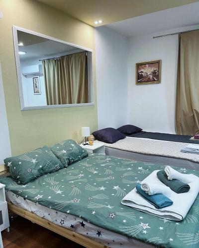 a bedroom with two beds and a mirror at Cool Apartman 1 Centar Smederevska Palanka in Smederevska Palanka