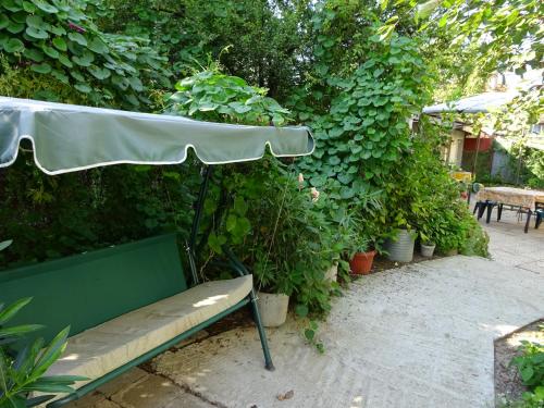 a bench with an umbrella next to a hedge at Hris in Chernomorets