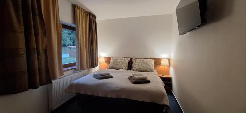 Prémiový apartmán s privátní saunou a terasou v blízkosti Lipenské nádrže a lyžařského střediska房間的床