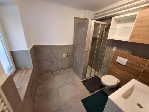 a bathroom with a toilet and a sink at Ferienwohnungen Wunderburg in Gmunden