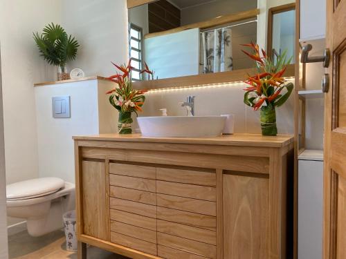 a bathroom with a sink and a toilet at Moorea Villa Tea in Afareaitu