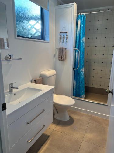 a bathroom with a toilet and a sink and a shower at Rangiputa Retreat in Karikari Peninsula