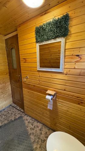 a bathroom with a wooden wall with a window and a toilet at Casa Alexia in Mătişeşti